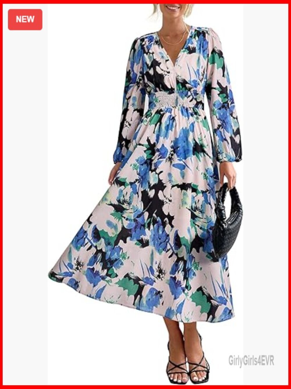 Floral Midi Dress - V Neck Long Sleeve A-Line Flowy Casual
